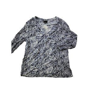 NEW - JNY Jones New York Women's XL Navy White Leaf Print Smocked Top V-Neck